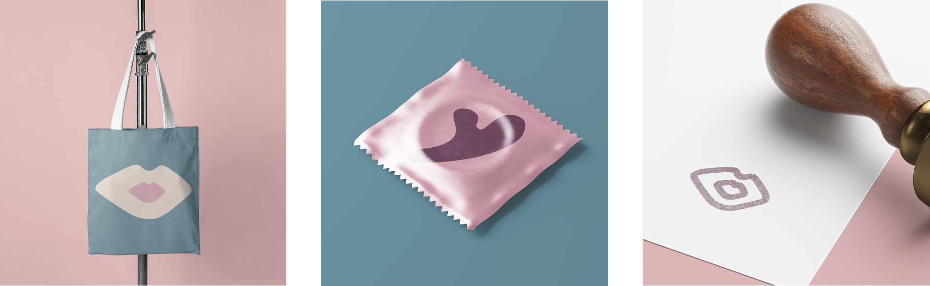 Triptyque Extase Lovestore – tote bag bleu avec icône lèvres, préservatif rose avec cœur, tampon logo sur papier rose