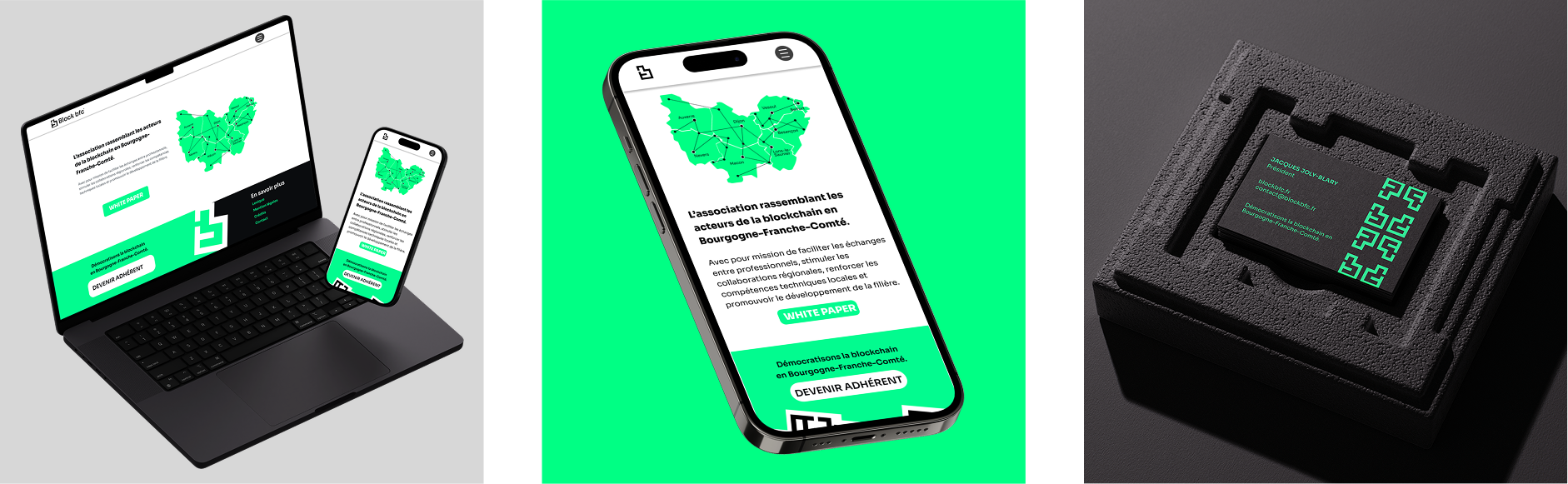 Triptyque BlockBFC – maquette site desktop et mobile avec carte BFC, iPhone avec CTA « Devenir adhérent », packaging boîte noire avec logo vert