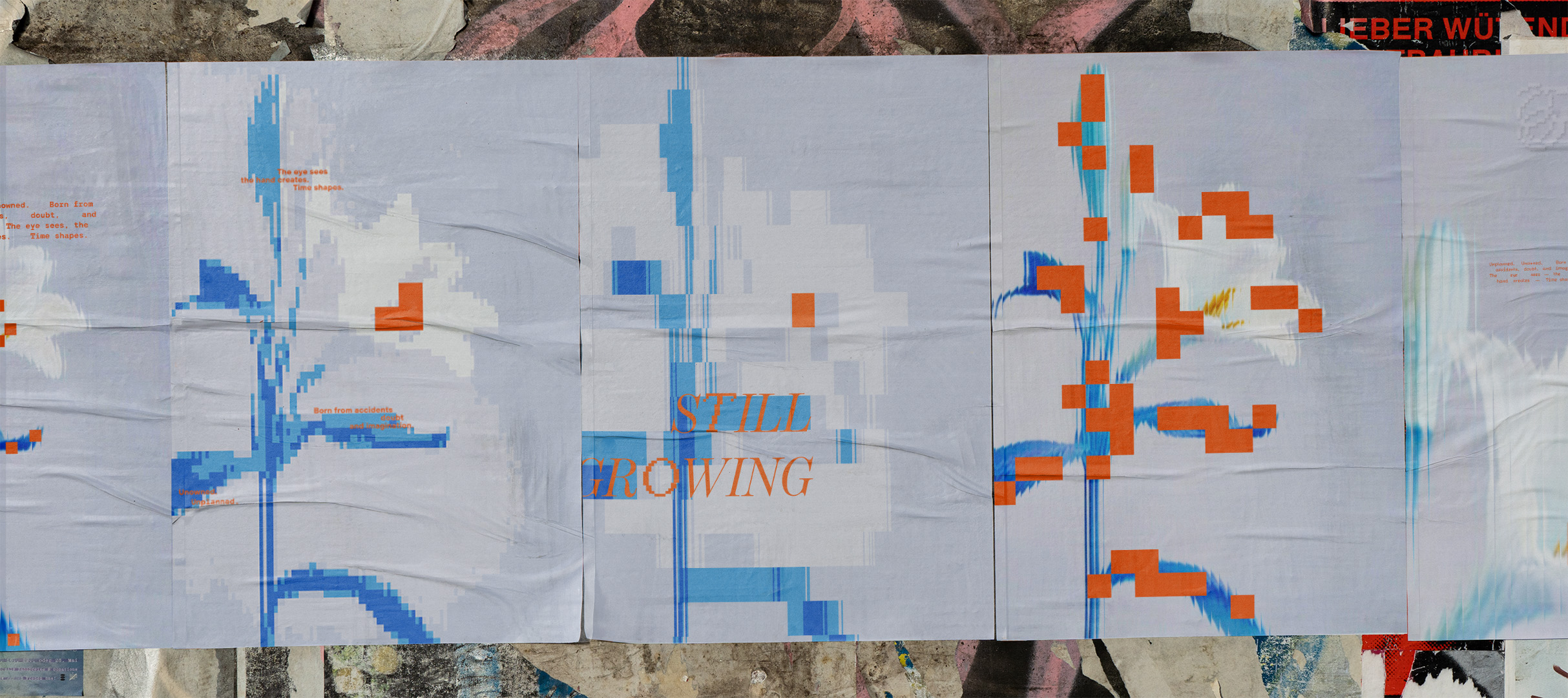 Triptyque d'affiches Still Growing collées sur un mur urbain, exploration graphique mêlant typographie bleue, fleurs pixelisées et carrés oranges sur fond dégradé